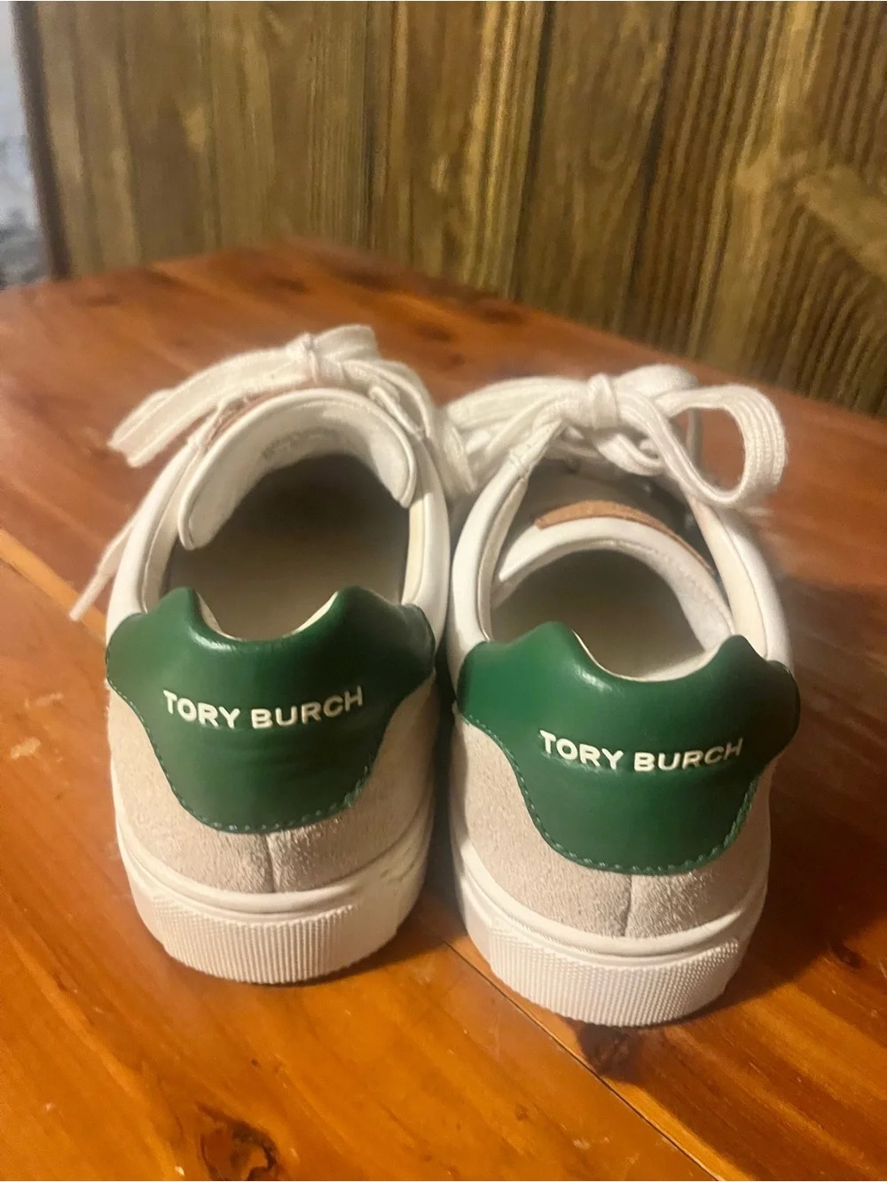 Tory Burch White Leather Sneakers with Green Heel and Beige Suede Toe Cap